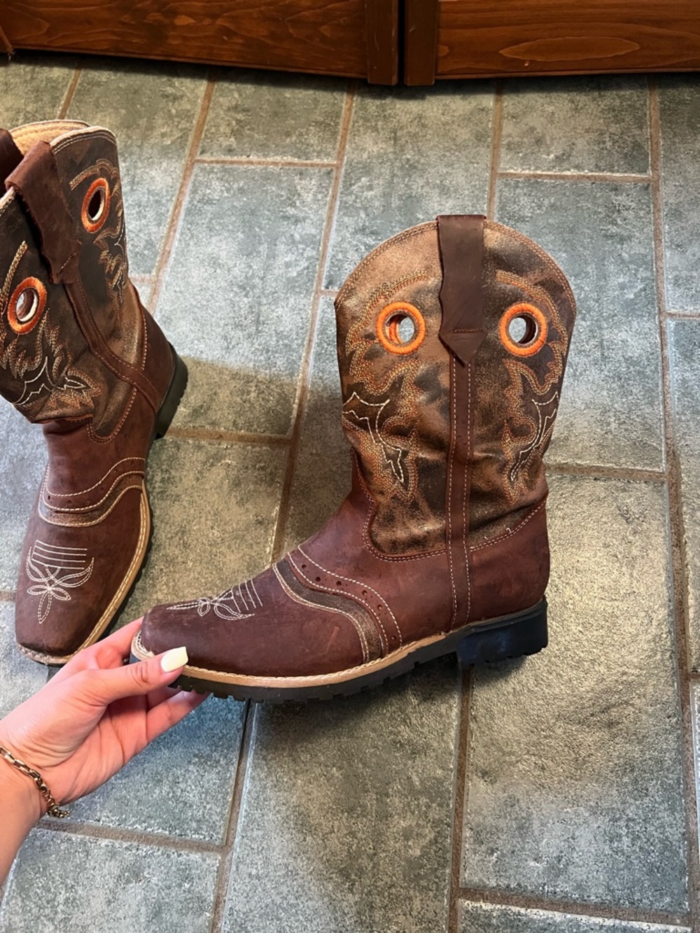 Brown Western Pull-On Work Boots with Orange Eyelets